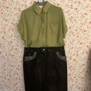 Mark&Spencer Denim Black Pencil Skirt with Green Blouse
